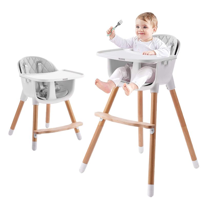 Photo 1 of  IKARE Wooden Natural Baby High Chair W/Removable Tray & Safety Harness, 3-in-1 Infant Highchair/Booster/Kid Chair | Grows with Your Child | Adjustable Legs | Modern Wood Design (Gray) 