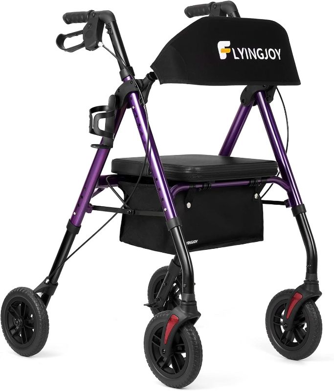 Photo 1 of  FlyingJoy Purple Rollator Walker 8" Large 4 Wheels Rollator Walkers for Seniors with Seat Locking Brakes Adjustable Seat and Arms Aluminum Medical Walker Foldable Removable Back Support 300 lbs 