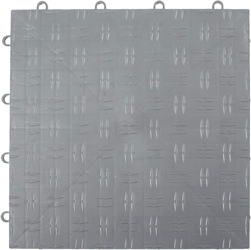 Photo 1 of  VEVOR Garage Floor, Durable Interlocking Floor Tiles, 50 Pack, Non-Slip Diamond Plate Garage Tiles, Support up to 55,000 lbs for Car Garage, Basements, Gyms, Repair Shops (12 x 12 inch, Silver) 