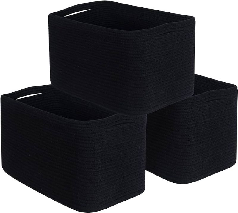 Photo 1 of  MINTWOOD Design 3-Pack Storage Baskets for Shelves, Playroom and Classroom Storage Basket, Book Basket, Decorative Storage Cube Bins, Woven Closet Organizers, Pantry and Shoe Organizer, Full Black 