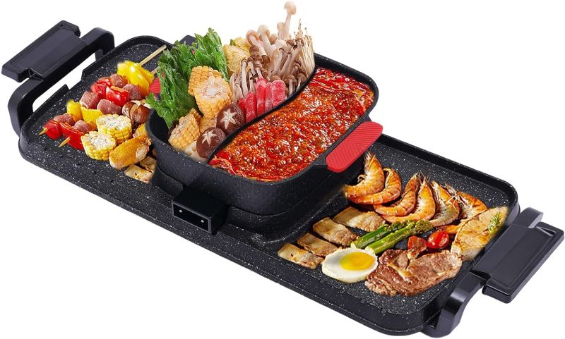 Photo 1 of  110V 2200W Electric Hot Pot with Grill, 2 in 1 BBQ Oven Smokeless Barbecue Pan Grill Hotpot Machine with Separate Dual Temperature Control, Non-Stick Shabu Shabu Pot for Korean BBQ, Family Dinner 