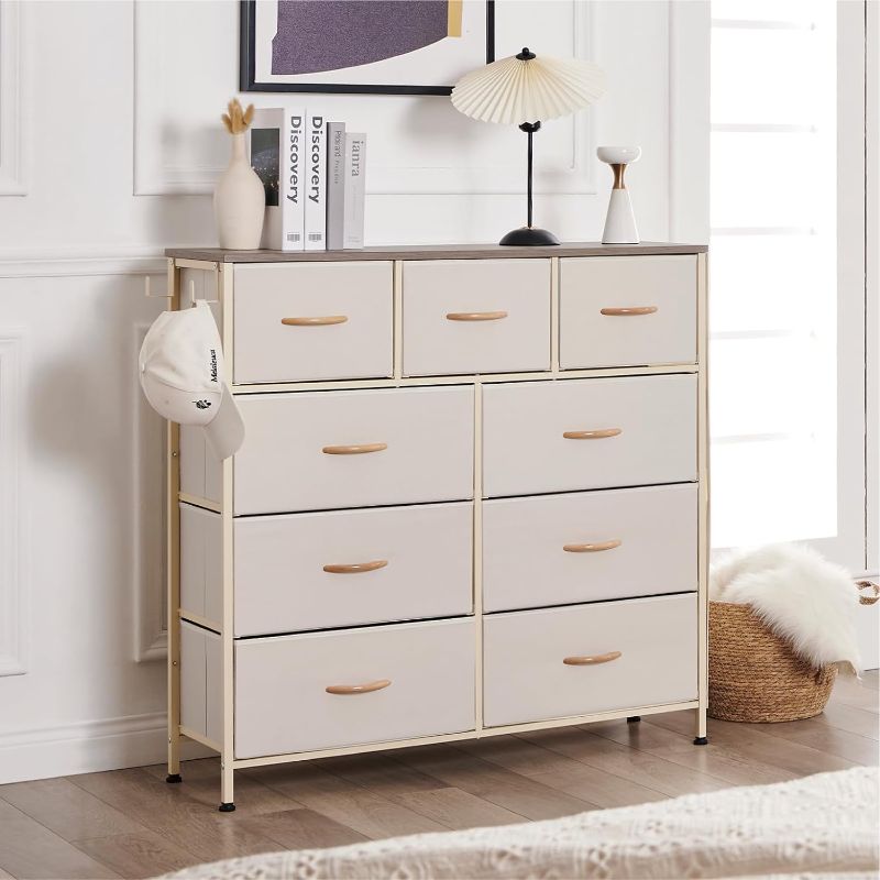 Photo 1 of Z-hom Dresser for Bedroom with 9 Drawers, Fabric Dresser Organizer Units, Wide Chests of Drawers with Fabric Bins & Wooden Top, Dresser Storage Tower for Closet, Clothes, TV Stand, Ivory 39"D x 39"W x 11.7"H
