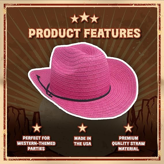 Photo 1 of 12 Piece Straw Cowboy Hats - 24" Western Style Hats for Men & Women - Straw Hats for 