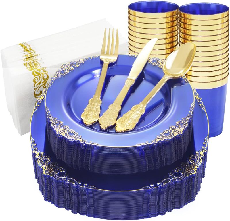 Photo 1 of Nervure 175PCS Plastic Plates - Gold Plastic Plates Sets Include 25Dinner Plates, 25Dessert Plates, 25Cups, 25Forks, 25Knives, 25Spoons, 25Napkins for Weddings & Party