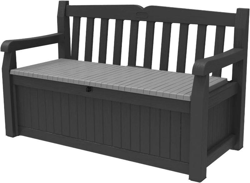 Photo 1 of Keter Solana 70 Gallon Storage Bench Deck Box for Patio Furniture, Front Porch Decor and Outdoor Seating – Perfect to Store Garden Tools and Pool Floats, Graphite
