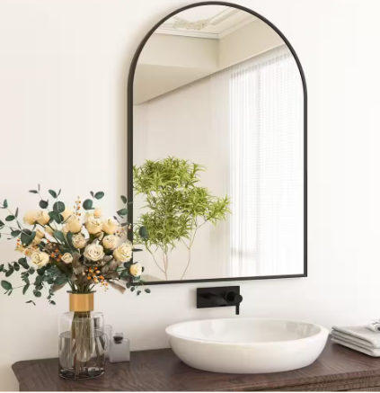 Photo 1 of 24 in. W x 36 in. H Arched Black Aluminum Alloy Framed Wall Mirror
