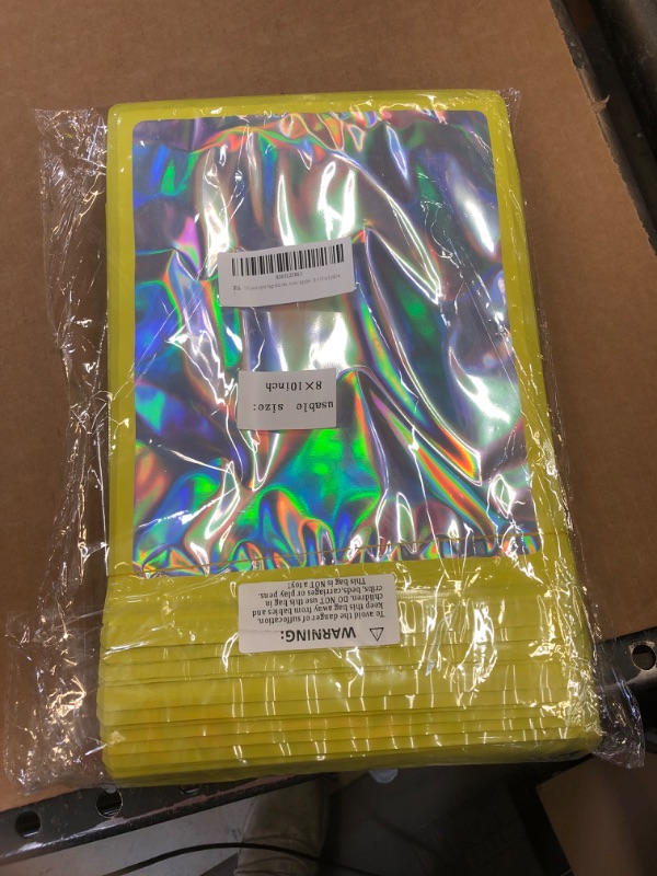 Photo 1 of 100-pack 8×10 inch mylar bags with clear window holographic resealable sealable packaging zip bag for small bussiness jewelry candy sample food packing supplies ?yellow?