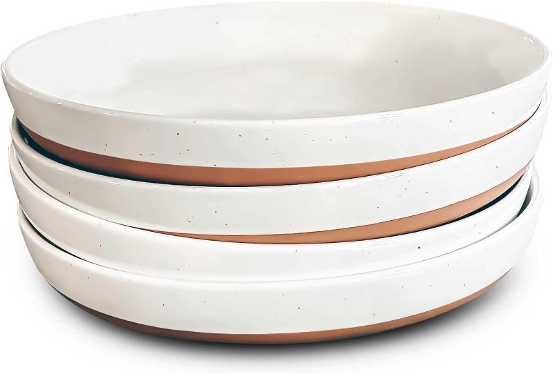 Photo 1 of Mora Ceramic Flat Pasta Bowl Set of 4-35oz, Microwave Safe Plate with High Edge - Modern Porcelain Dinnerware for Kitchen and Eating, Large Wide Bowls/Plates for Serving Dinner, Salad, etc- Vanilla
