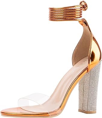 Photo 1 of LALA IKAI Women’s Gold Rhinestone High Heels Sandals Ankle Strappy Clear Chunky Heels Dress Shoes size 8.5
