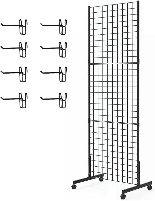 Photo 1 of 1 Pack 2'x 5' Three Pieces Gridwall Panels Stand with T-Base, Black Wire Grid Wall Rack with Wheels, Craft Display Rack, Retail Display Stand, Extra More 8 Pieces Hooks
