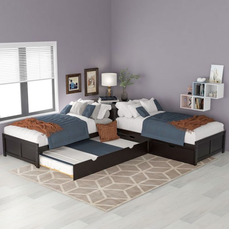 Photo 1 of - FULL SET- L-Shaped Platform Bed w/ Trundle & Drawers Linked w/ Built-In Desk, Twin, Espresso