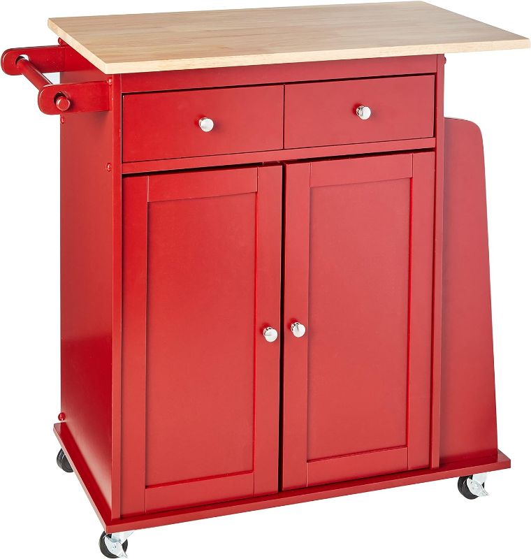 Photo 1 of Target Marketing Systems Sonoma Kitchen Island Cart Storage with 2 Drawers, 1 Cabinet, Towel & Spice Rack, Rubberwood Top Organizer Breakfast Bar with Wheels, 18" D x 35" W x 36" H, Red/Natural
