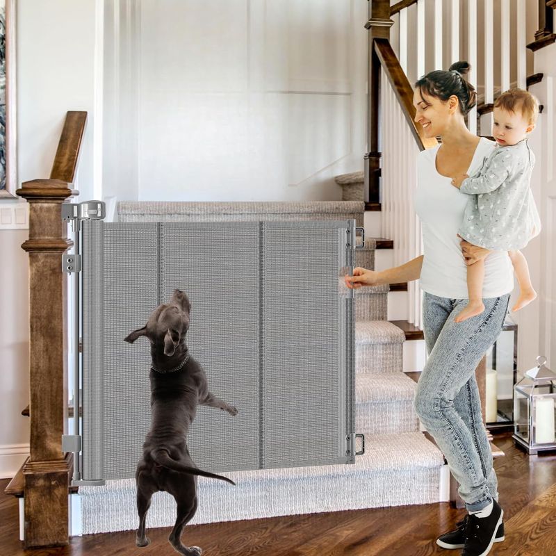 Photo 1 of Reinforced Retractable Baby Gates for Stairs, 55 Inch Pet Gate for Stairs to Keep Kids & Pets from Going Under Baby Stair Gate, Stair Dog Gate with Adjustable Hardware Fits Stair Banisters/Posts, Gray
