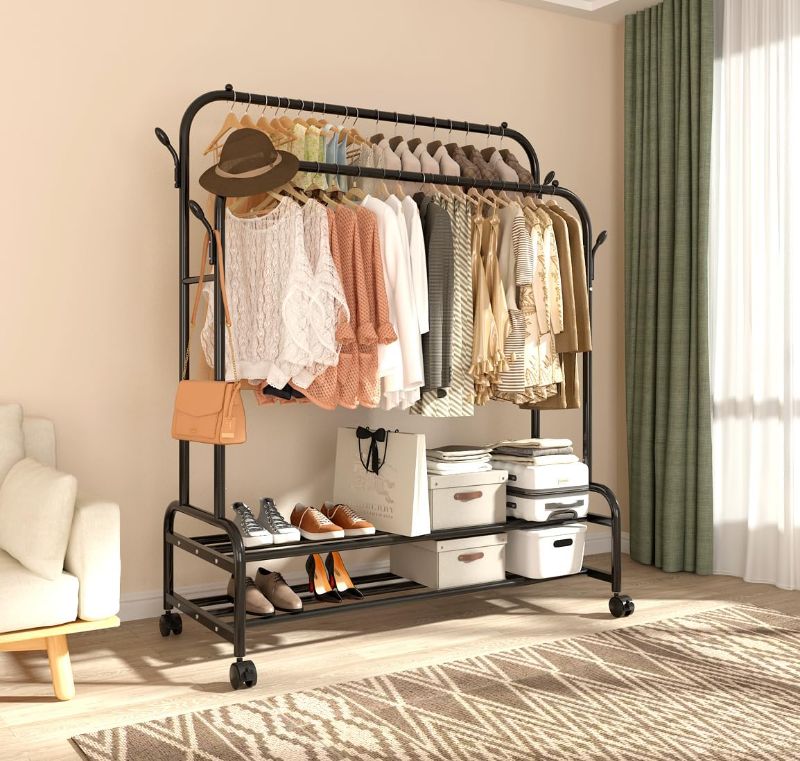 Photo 1 of Antiwar Sturdy Metal Double Rodding Clothes Rack With Wheels, Portable Clothing Rack With Shelves & Hooks, Heavy Duty Garment Racks for Hanging Clothes, Multi-Functional Closet Rack for Bedroom, Black