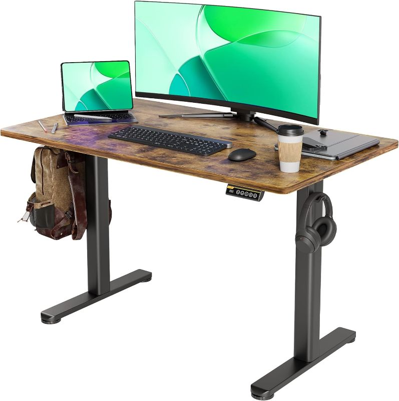 Photo 1 of Electric Standing Desk, Adjustable Height Stand up Desk, 48x24 Inches Sit Stand Home Office Desk with Splice Board, Black Frame/Rustic Brown Top
