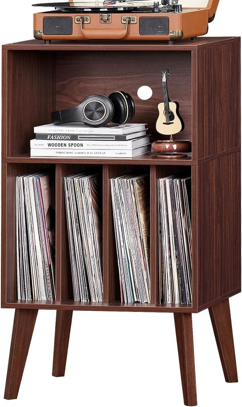 Photo 1 of Lerliuo Record Player Stand, Walnut Turntable Stand Holds up to 160 Albums, Mid-Century Vinyl Storage Cabinet Table with Solid Wood Legs, Record Player Holder Dispaly Shelf for Bedroom Living Room
