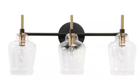 Photo 1 of 20.5 in. 3-Light Black Bathroom Vanity Light, Bell Clear Glass Bath Lighting, Modern Farmhouse Brass Gold Wall Sconce
