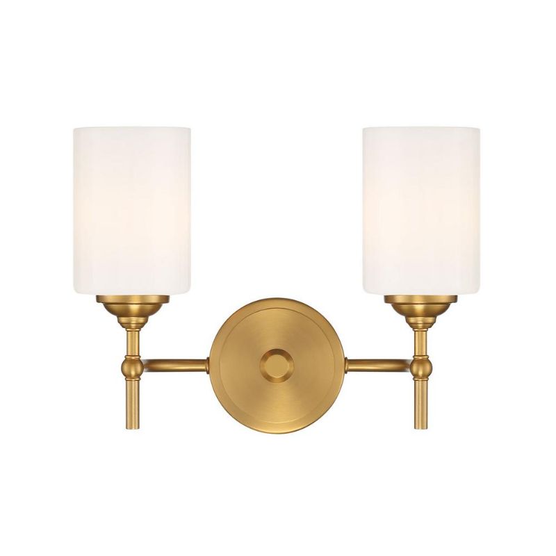 Photo 1 of Ayelen 13 in. 2-Light Matte Brass Bathroom Vanity Light with Opal White Glass Shades
