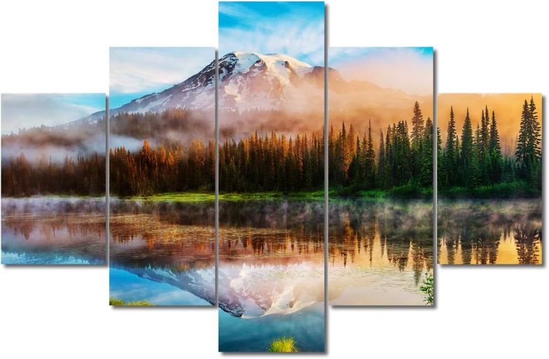 Photo 1 of TUMOVO View of Mount Rainier Nature Summer Morning Lake Lascape Print On Canvas Forest Wall Art with Fog Artwork Modern Home Decor Unique Pattern Stretched and Framed 5 Piece Ready to Hang
