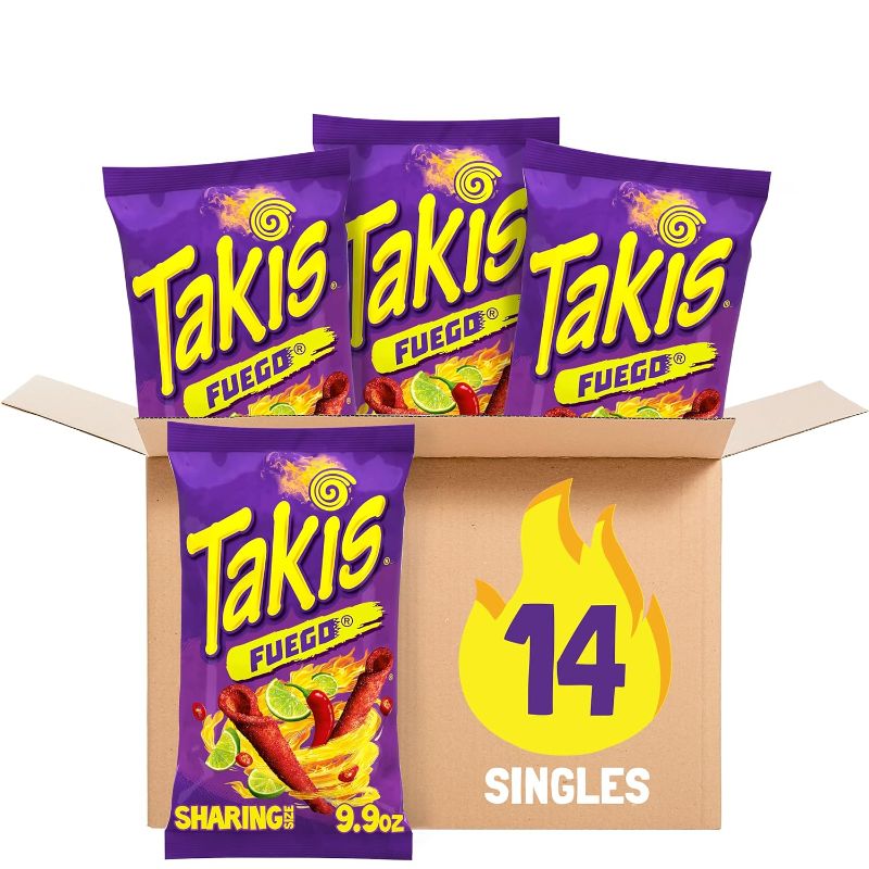 Photo 1 of Takis Fuego 14 ct, 9.9 oz Sharing Size Case, Hot Chili Pepper & Lime Flavored Extreme Spicy Rolled Tortilla Chips EXP OCT/16/2024
