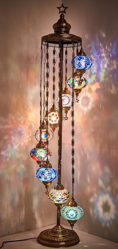 Photo 1 of 9 Globes Turkish Floor Lamp Bohemian Floor Lamp Glass Moroccan Lighting Decorative Mosaic Standing Boho Lamp with North American Plug and Socket for Living Room Bedroom, 6 Feet, Multicolor