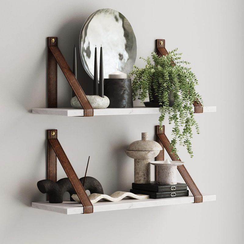 Photo 1 of Nathan James Brandon Wall Mount Modern White Marble Floating Shelf for Wall with Vintage Brown Leather Strap, Set of 2, Marble/Brown

