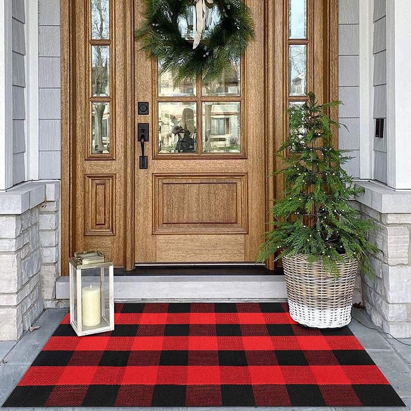 Photo 1 of Black and White Rug, Buffalo Plaid Rug Cotton Check Rugs  Front Door Mat Indoor Outdoor Rug, Washable Carpet for Front Porch/Kitchen/Farmhouse/Entryway/Bathroom (Red)
