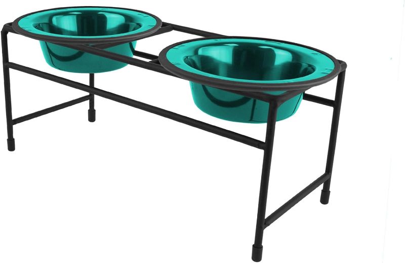 Photo 1 of Modern Double Diner Feeder with Stainless Steel Cat/Dog Bowls, Caribbean Teal
