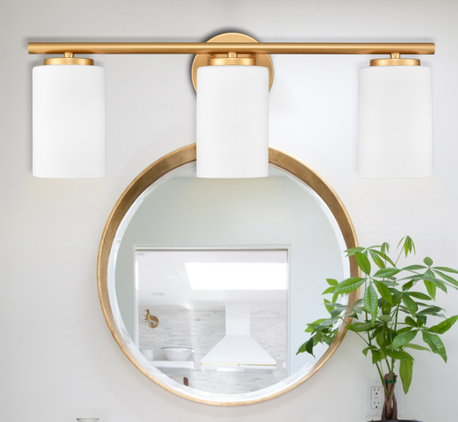 Photo 1 of 4.9 in. 3-Light Gold Vanity Light with Frosted Glass Shade
