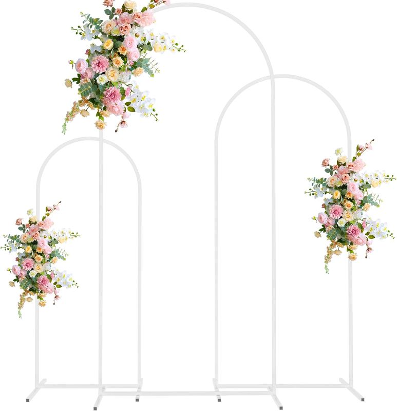 Photo 1 of Wokceer Wedding Arch Stand Set of 3 6FT, 5FT, 4FT White Metal Arch Stand for Wedding Ceremony Birthday Party Baby Shower Garden Arch Decoration