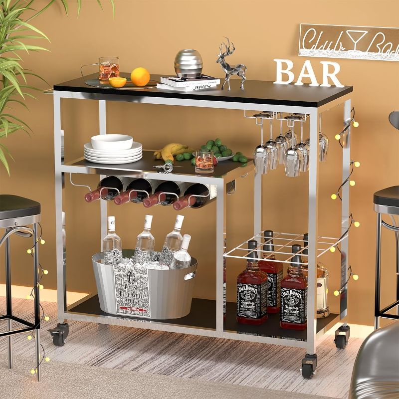 Photo 1 of Stuffygreenus Silver Bar Cart, Kitchen Serving Cart with Wine Racks & Glass Holder, Mobile 3-Tier Shelves Stainless Steel Metal Beverage Liquor Barcart Trolley on Wheel for Home