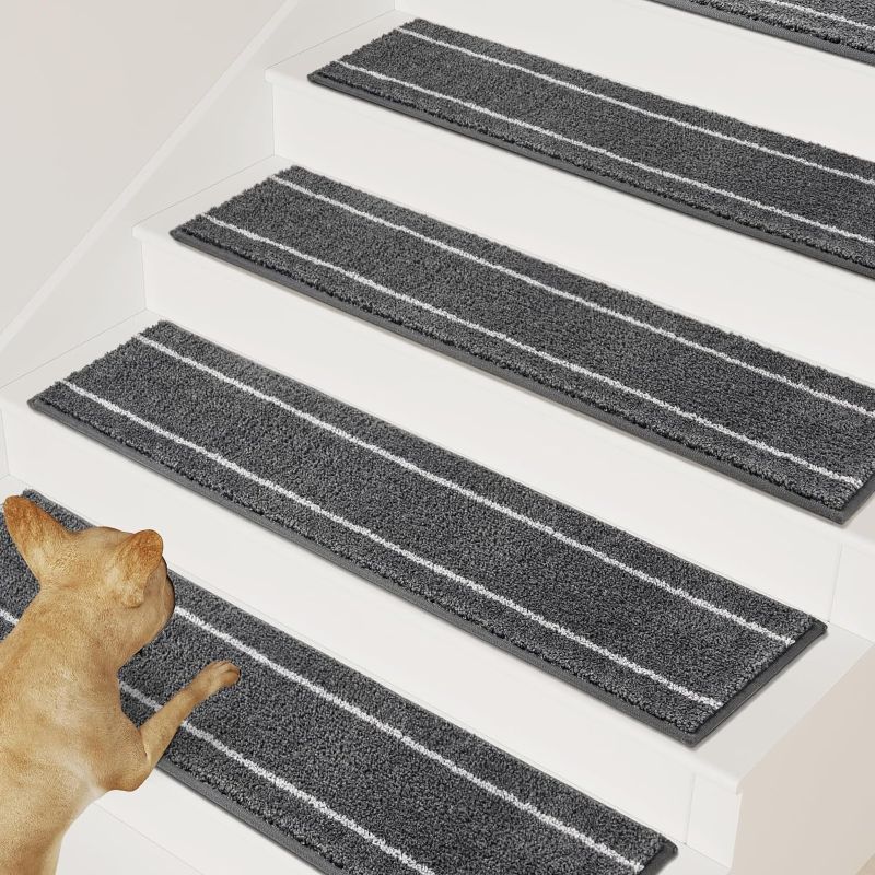 Photo 1 of PURRUGS Peel & Stick Self-Adhesive Carpet Stair Treads 8"x30", 15-Pack, Non-Slip Machine Washable Soft Stair Rugs for Wooden and Hard Surface Steps, Safety Stair Covers for Dogs, Kids & Seniors 15pc Grey/Light Grey Stripes