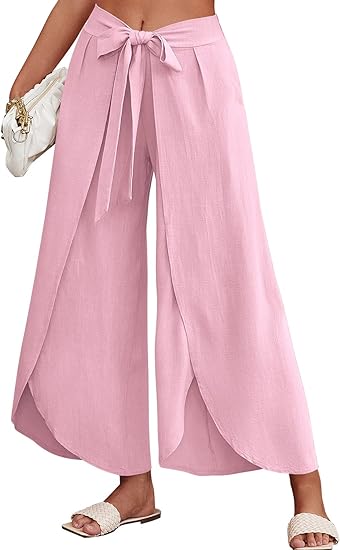 Photo 1 of ReachMe Womens Casual Palazzo High Waisted Flowy Wide Leg Pants Bowtie Front Split Wrap Pants Trousers