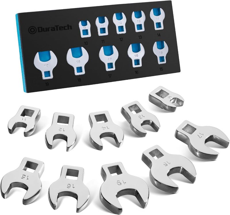 Photo 1 of DURATECH 10-Piece 3/8" Drive Crowfoot Wrench Set, Open End Wrench Set, Metric, 10-19mm, CR-V Steel, with EVA Foam Tool Organizer
