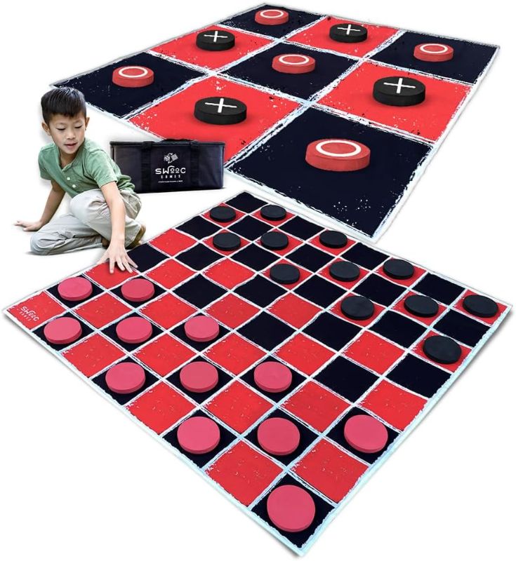 Photo 1 of SWOOC Games - 2-in-1 Vintage Giant Checkers & Tic Tac Toe Game With Mat (4ft x 4ft) - 100% Machine-Washable Canvas - Giant Outdoor Games For Kids - Giant Lawn Games - Yard Games For Kids - Giant Games
