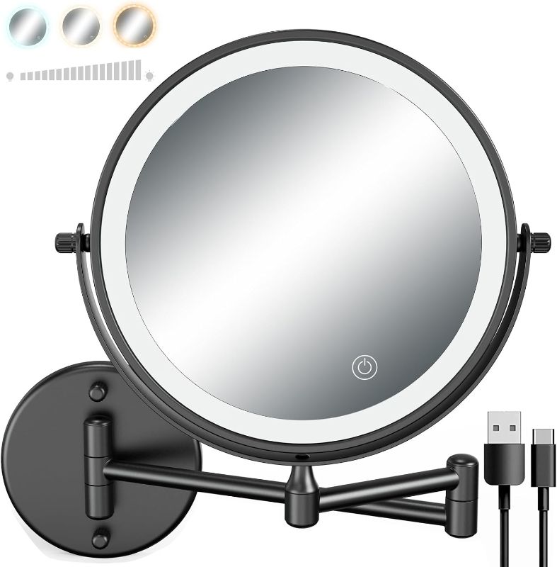 Photo 1 of Rechargeable Makeup Mirror,3 Colors LED Vanity Mirror with Lights,1X/3X Double Sided Wall Mounted Makeup Mirror,Touch Sensor Extendable Arm Shaving Cosmetic Mirror (Matte Black)
