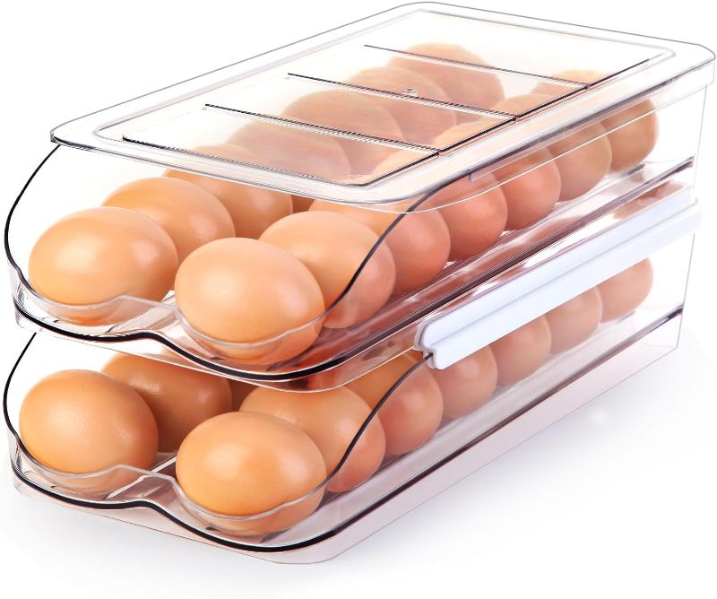 Photo 1 of Egg Holder for Fridge, Automatic Rolling Egg Container for Refrigerator, Stackable Fridge Organizers and Storage with Lid, Clear Plastic Egg Dispenser & Tray (2 Tier)

