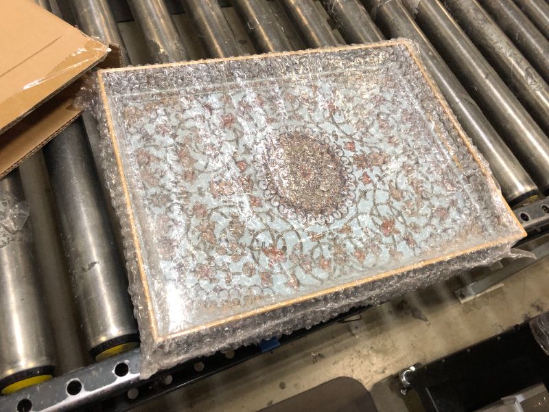 Photo 1 of Plastic Serving Tray with Handles,Large Serving Tray for Ottoman Coffee Table,Decorative Serving Tray for Living Room,Large Ottoman Tray Coffee Table Tray,Large Boho Serving Tray 16" x 12" Boho Dark Blue