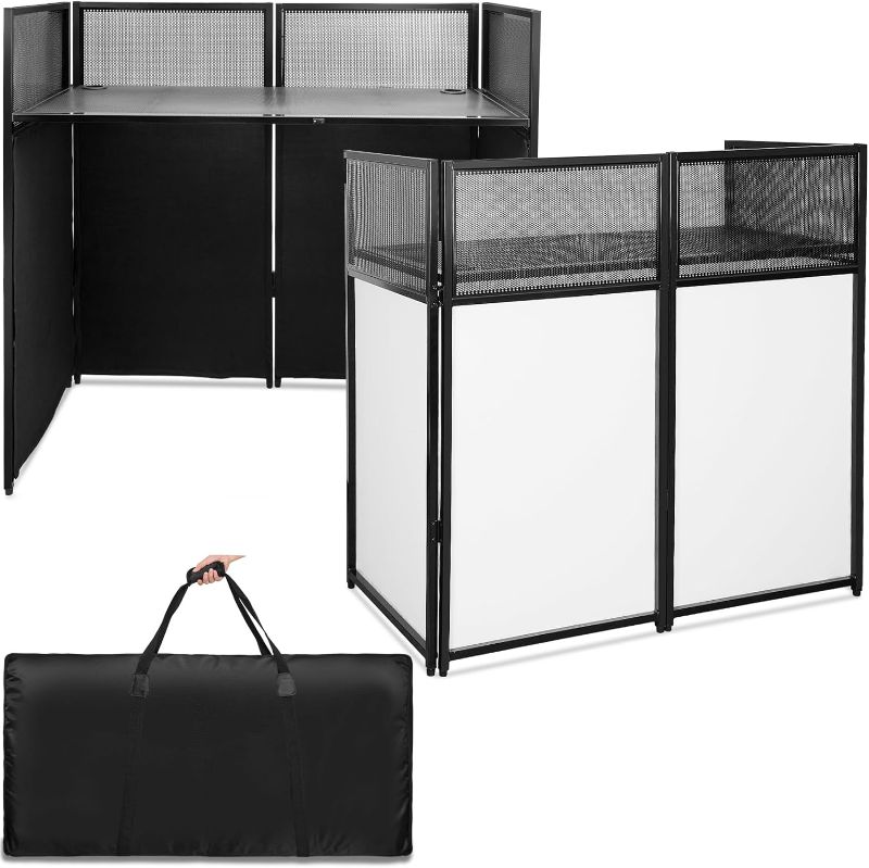 Photo 1 of DJ Facade Booth, Foldable DJ Facade Built in 47" x 24" Detachable Table, Black and White Scrims, Travel Bag, Portable DJ Booth for DJ Controllers, Laptops and Mixers
