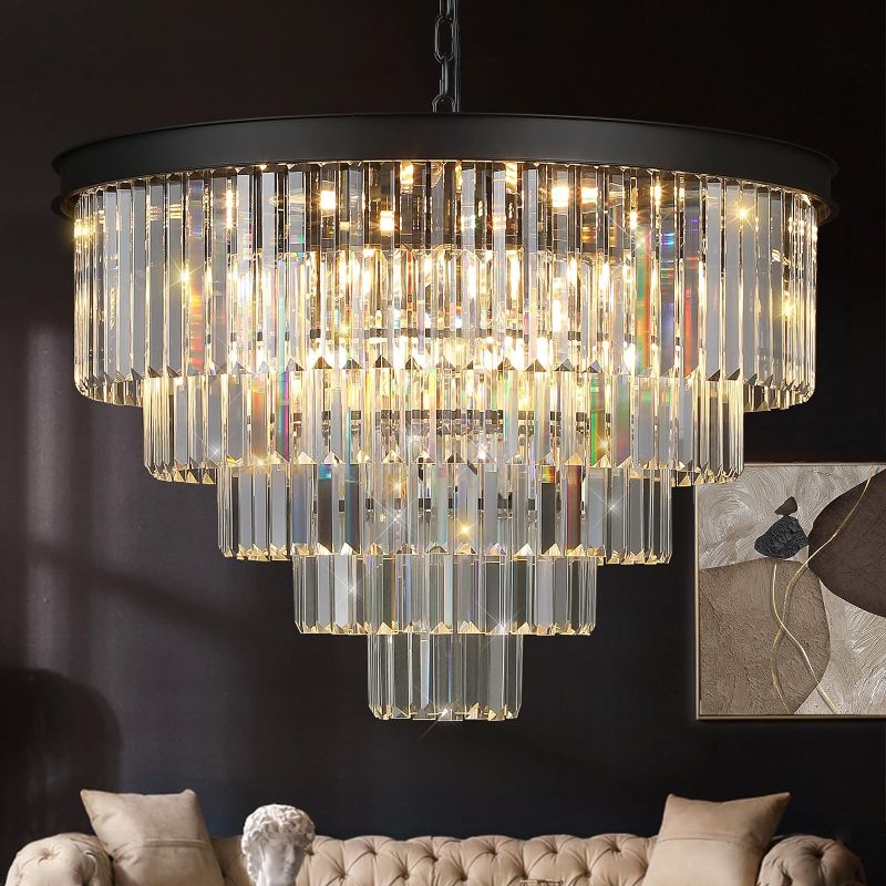 Photo 1 of Large Crystal Chandelier Modern Black 30" Round Chandeliers for Staircase K9 5-Tier Large Ceiling Chandelier Light Fixtures Luxury Chandelier for High Ceiling Foyer Living Room Bedroom
