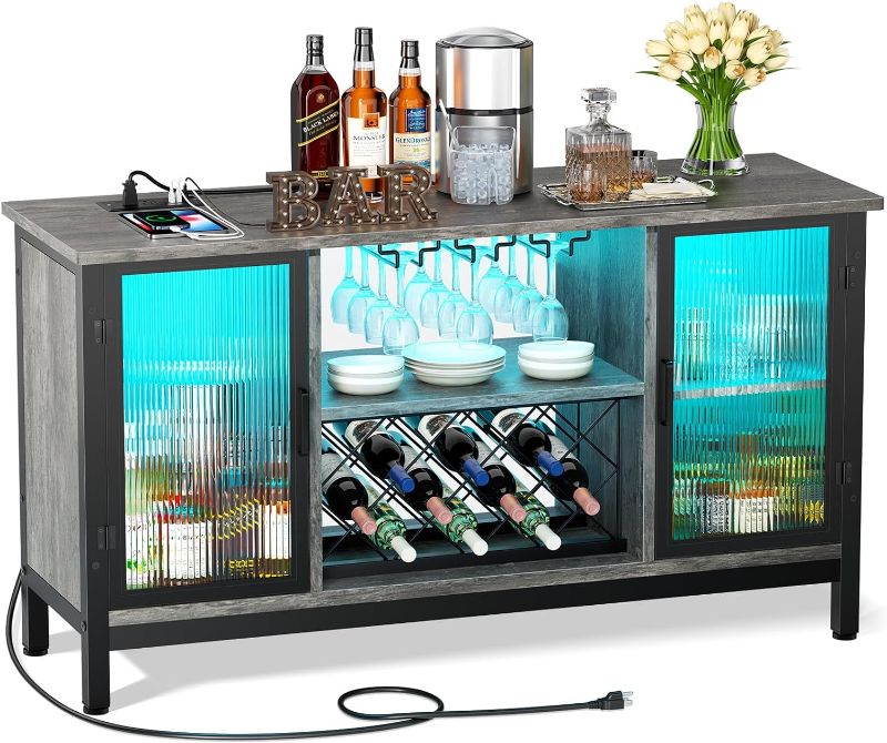 Photo 1 of Wine Bar Cabinet with Power Outlet and Light, LED Wine Cabinet for Home for Liquor and Glasses, 47" Liquor Cabinet for Living Room and Dining Room(Dark Grey)
