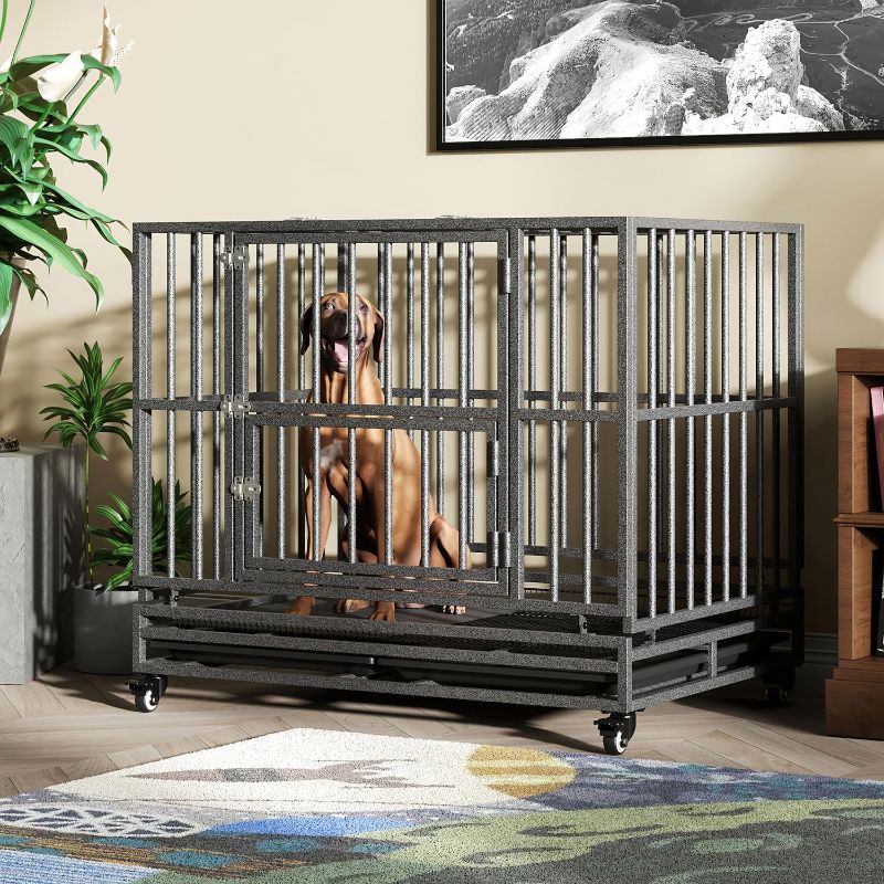 Photo 1 of 42 inch Heavy Duty Extra Large Indestructible Dog Crate Kennel Indoor with Separation Anxiety Lockable Wheels and Removable Tray
