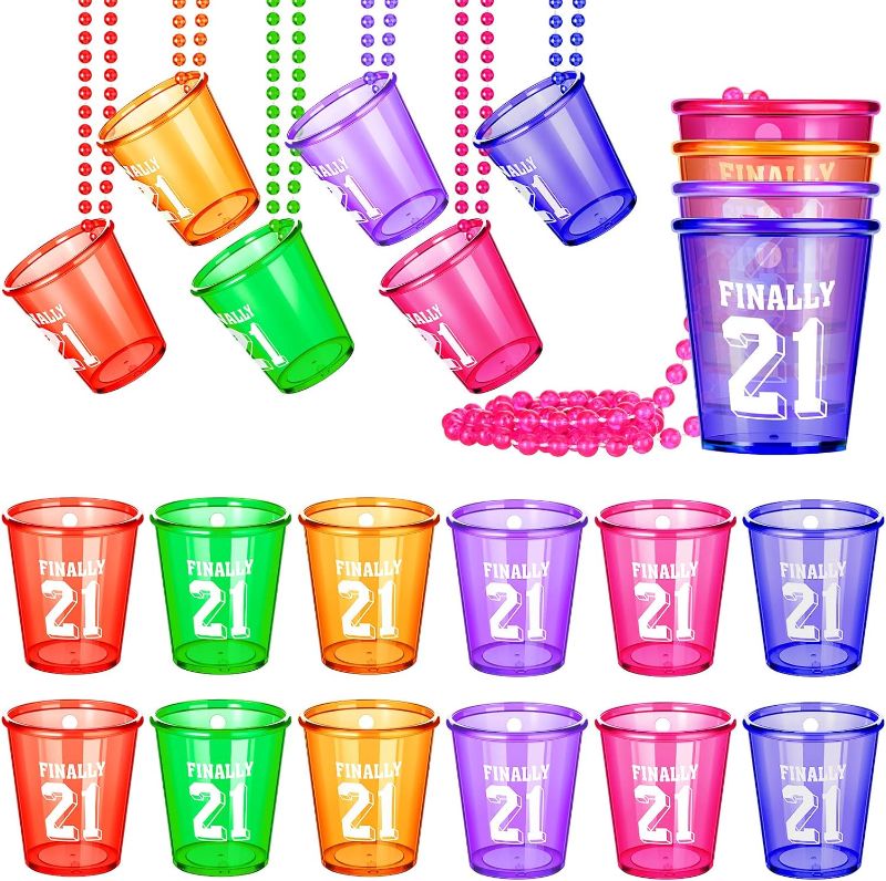 Photo 1 of 12 Pack Birthday Shot Glass Necklace Finally 21st Shot Glass on Beaded Necklace Number 21 Legal Plastic Shot Glasses Necklace for Party Supplies decorations, 6 Colors (Finally 21)
