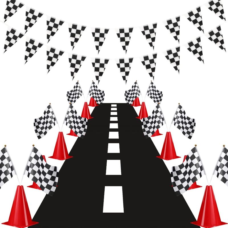 Photo 1 of Traffic Cones and Racing Checkered Flags Set-Include 12 Plastic Traffic Cones, 12 Checkered Flags With Sticks, 31 Ft Checkered Pennant Banner and 9.8 X 2 Ft Racetrack Floor Running Mat
