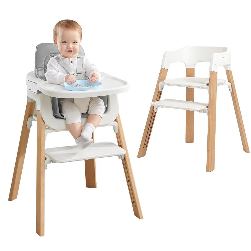 Photo 1 of Wooden High Chairs for Babies and Toddlers, Baby Eating Chair with Tray & Removable Cushion & 4-Levels Pedal & Padded 5-Point Harness, High Chair Grows with Kid for Dining, Studying, Step Tool (Grey)
