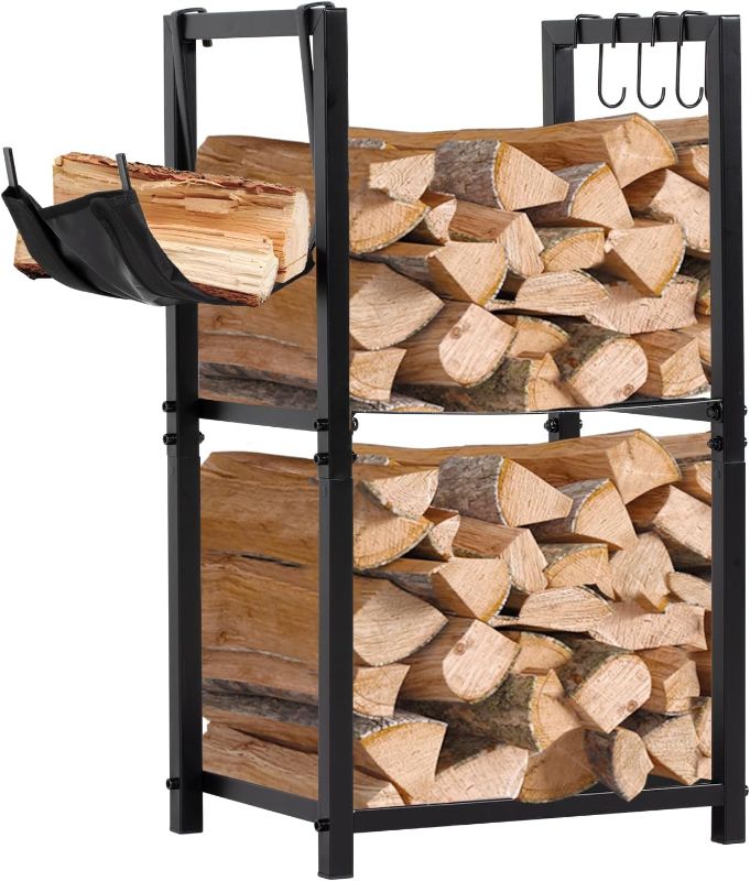 Photo 1 of NALONE Firewood Rack Indoor, Small Outdoor Firewood Log Storage Rack, 2-Tier Wood Holder with 6 Hooks, Firewood Stand for Indoor Fireplace, Outdoor Patio, Fire Pit, Stove
