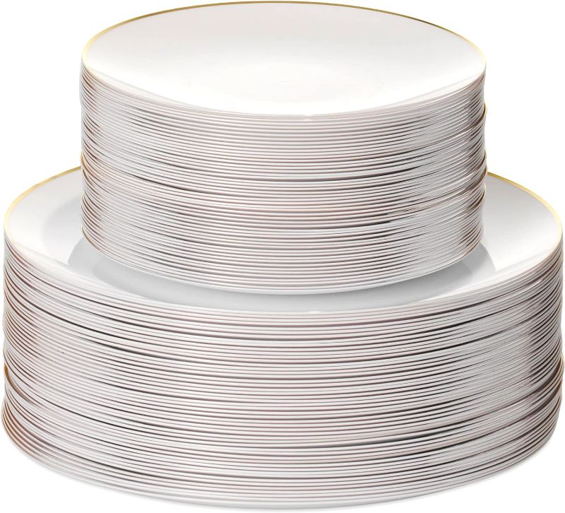 Photo 1 of 100 PCS Disposable Plastic White Plates Combo | 50 7.5 In. Gold Rim Appetizer/Dessert Plastic Plates And 50 10 In. Gold Rim Plastic Dinner Plates | Heavy Duty Plates For Wedding, Parties Or Catering
