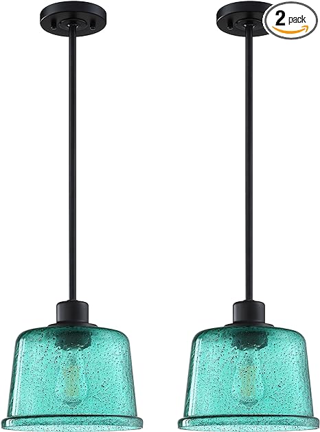 Photo 1 of 2 Pack 1 Light Indoor Hanging Kitchen Island Pendant Lights 7.5" Ancient Green Seeded Glass Pendant Light Fixtures Black Finish Modern Farmhouse Dinning Over Sink
