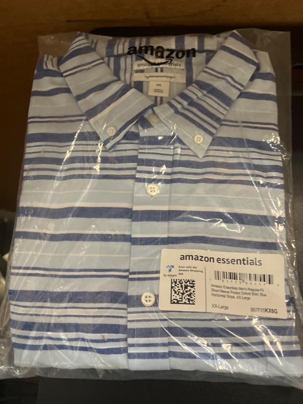 Photo 2 of Amazon Essentials Men's Regular-Fit Short-Sleeve Pocket Oxford Shirt XX-Large Blue Horizontal Stripe