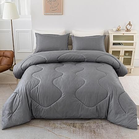 Photo 1 of PY HOME & SPORTS Queen Size Comforter Set 3 Pieces, Down Alternative Lightweight Bedding Comforter with 2 Pillow Shams for All Seasons (Grey, 90 x 90 Inch)